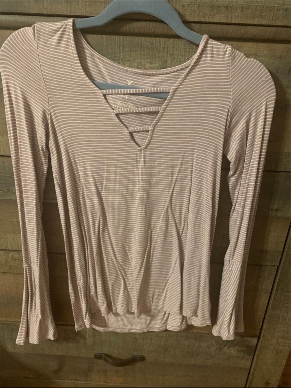 American Eagle Outfitters Mauve Striped Crisscross V-Neck Long Sleeve Top